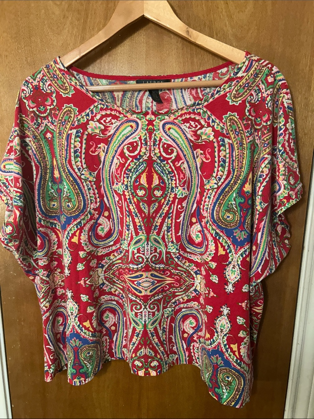 Women’s 100% Cotton Red Paisley Short-Sleeve Top - Ralph Lauren. 3X